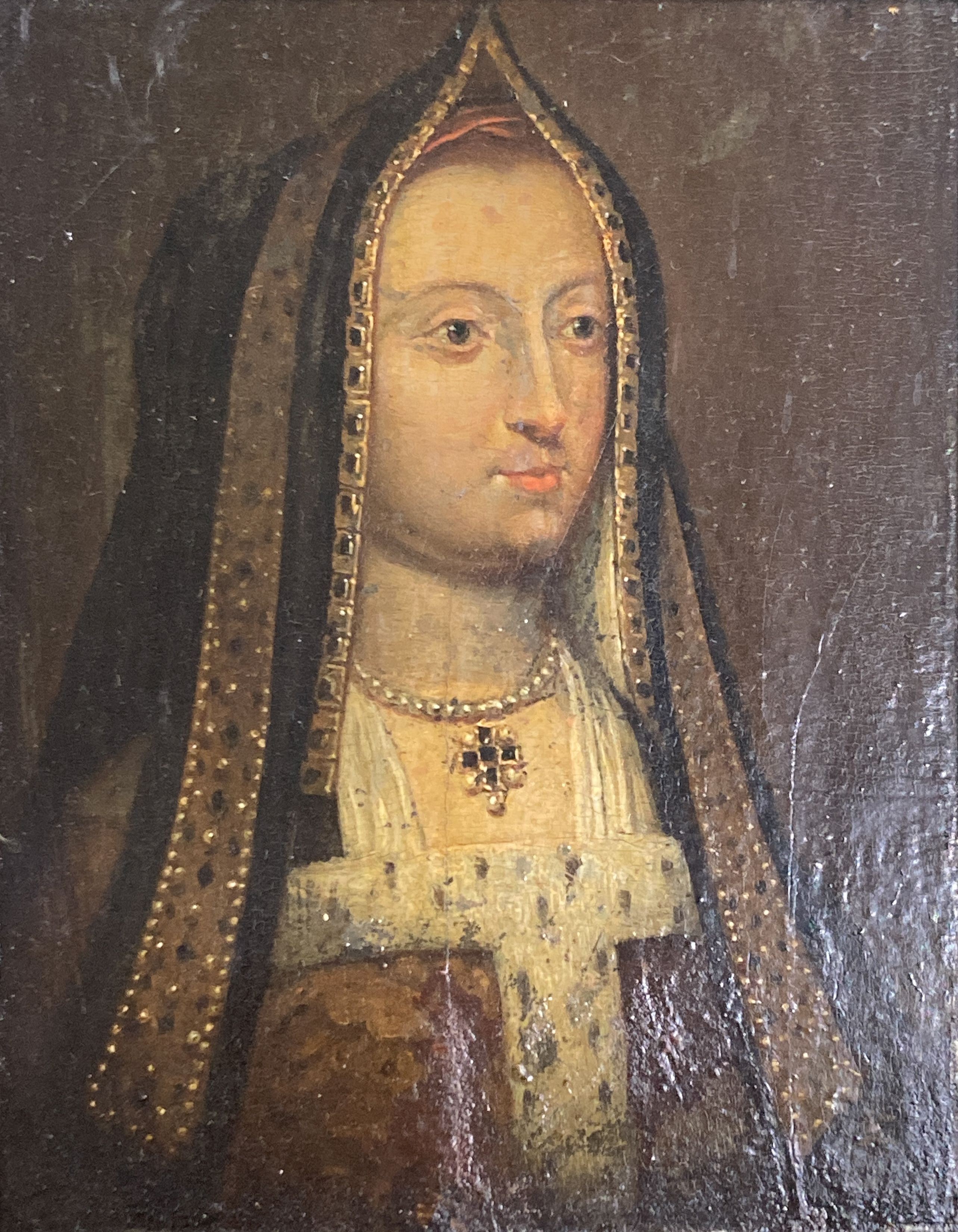 English School (19th century), oil on oak panel, Head and shoulder portrait of Catherine of Aragon, 15 x 11.5cm